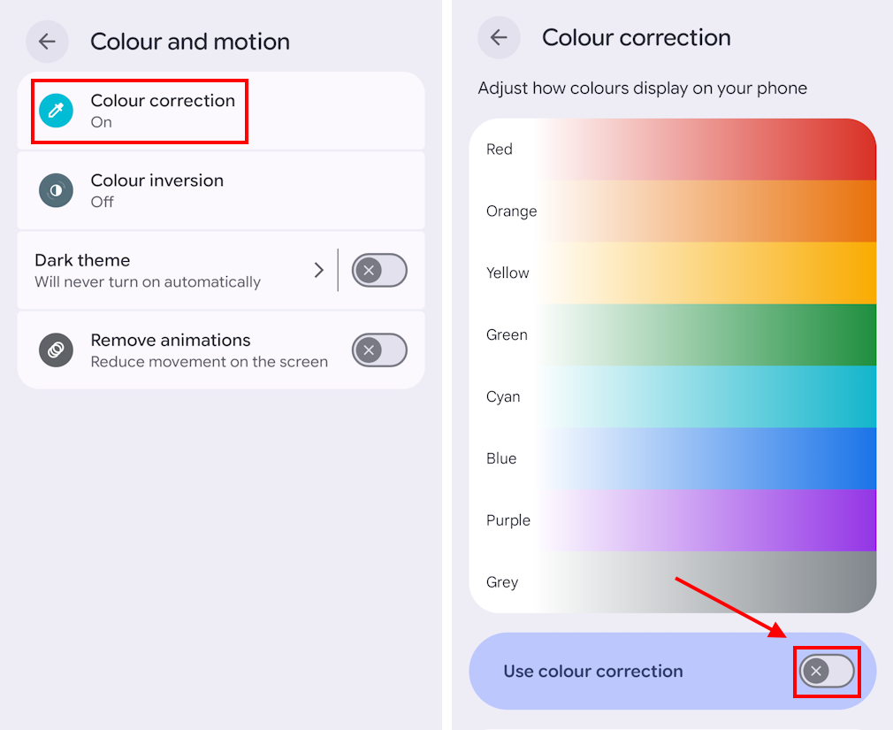 Tap Colour correction then the toggle switch for Use colour correction